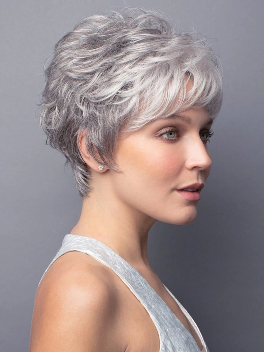 Women's Fashion Natural Fluffy Short Curly Mixed Grey 10-Inch Synthetic Fiber Wig With Side Bangs, Suitable For Daily Wear, Festivals, Costumes, Parties - 彩色 - 查看 1
