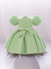 女宝宝纯色缎面泡泡袖蝴蝶结腰优雅花童连衣裙 - 薄荷綠 - 查看 2