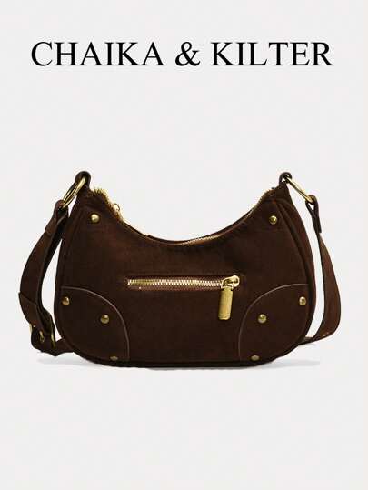 1pc Women's Vintage Fashion Crescent Shaped Crossbody Bag, Matte Suede Fabric, Zipper Closure, Suitable For Daily And Outdoor Use