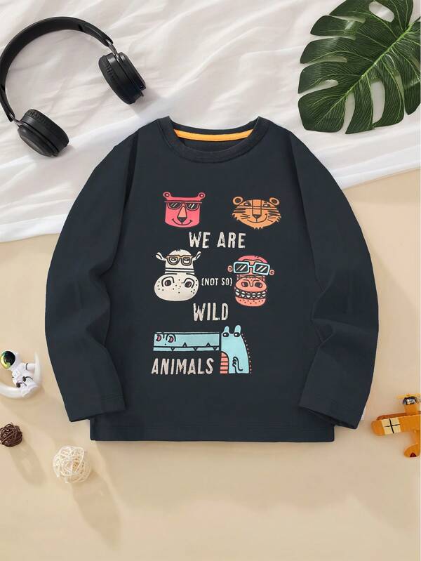 Young Boys  Long Sleeve T-Shirt, Cartoon Animal Print, Fashionable For Autumn/Winter