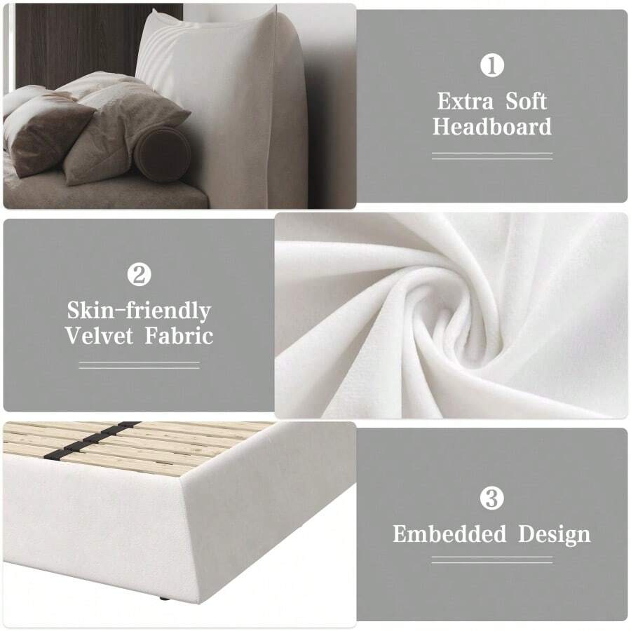 King Size Upholstered Platform Bed With Special Shaped Velvet Headboard