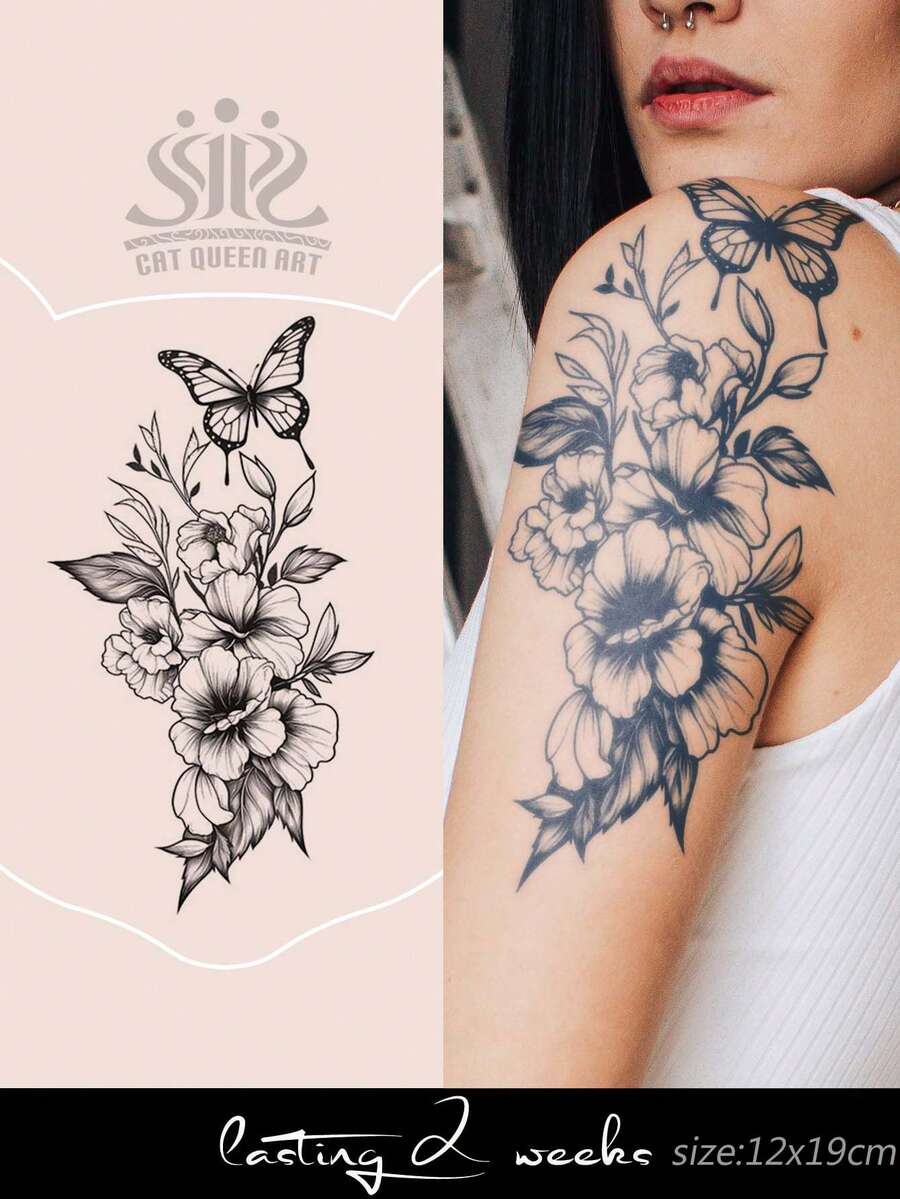 1片装草本汁液半永久魔法纹身贴纸，花卉蝴蝶图案，派对/节日礼物，7-14天防水，彩色临时纹身，适用于手臂、胸部、背部、脊柱纹身 - 藍色 - 查看 1