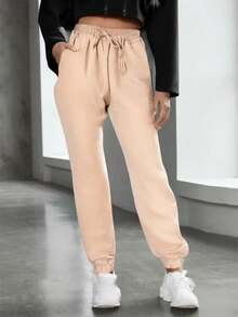 Jogger Pants Drawstring Simple Trousers Women's Elegant Social Casual Modern National Shipping With Elastic And Tie With Side Pockets - Màu be - Xem 2
