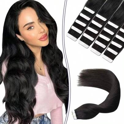 Estensioni di capelli veri umani con nastro adesivo, 20 pezzi/confezione, invisibili, colore nero naturale per donne