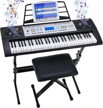 Keyboardpiano Digitale piano 61 toetsen, elektrisch pianotoetsenbord voor beginners, elektronische toetsenborden, 500 geluiden en leermodus op 3 niveaus, met pianostandaard, kruk, LCD, muziekstandaard, MP3/USB MIDI