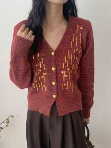 JIANHU Red Sequined V-Neck Knitted Cardigan - Red - View 3