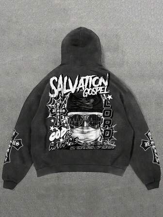 Men's Fashionable Distressed Portrait & Letter Print Hooded Sweatshirt