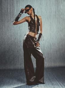 Low-Rise Distressed Wide-Leg PU Leather Pants - Brown - View 4