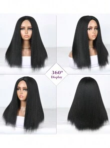 Kinky Straight Wigs For Black Women Middle Part Black Wig Glueless Synthetic Wigs High Quality 18inch Yaki Straight Wigs Yaki Straight Wigs For Women Cheap Wigs On Daily Use Cosplay - Black - View 3