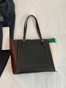 时尚大容量多口袋单肩托特包，休闲女士大手提包 32*12*28 厘米，可容纳笔记本电脑，简约时尚，适合日常和假日使用 - 綠色 - 查看 6