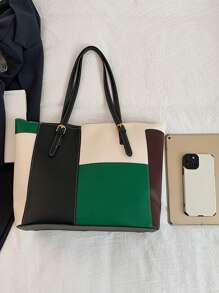 时尚大容量多口袋单肩托特包，休闲女士大手提包 32*12*28 厘米，可容纳笔记本电脑，简约时尚，适合日常和假日使用 - 綠色 - 查看 5