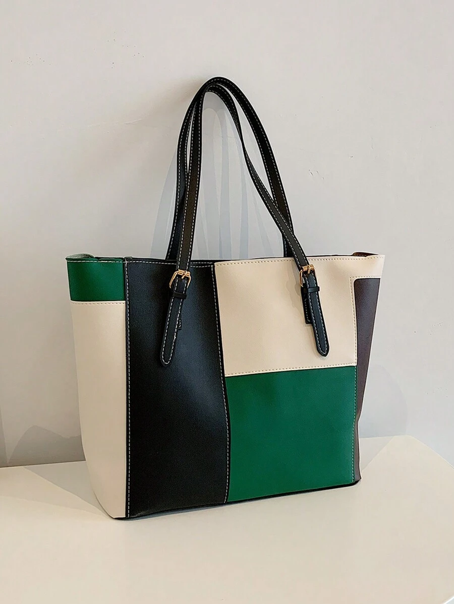 时尚大容量多口袋单肩托特包，休闲女士大手提包 32*12*28 厘米，可容纳笔记本电脑，简约时尚，适合日常和假日使用 - 綠色 - 查看 1