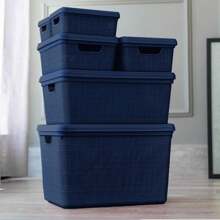 Kit Of 2 Organizer Boxes With Lid 1.8 Liters  Utilities Durable Plastic Stackable Exclusive Texture Multipurpose - Navy Blue - View 6