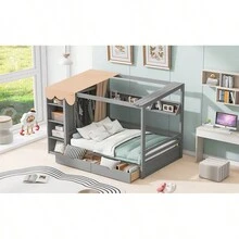Full Size House Bed With Two Drawers And Wardrobe, Gray - 灰色+實木+全如圖 - 查看 18