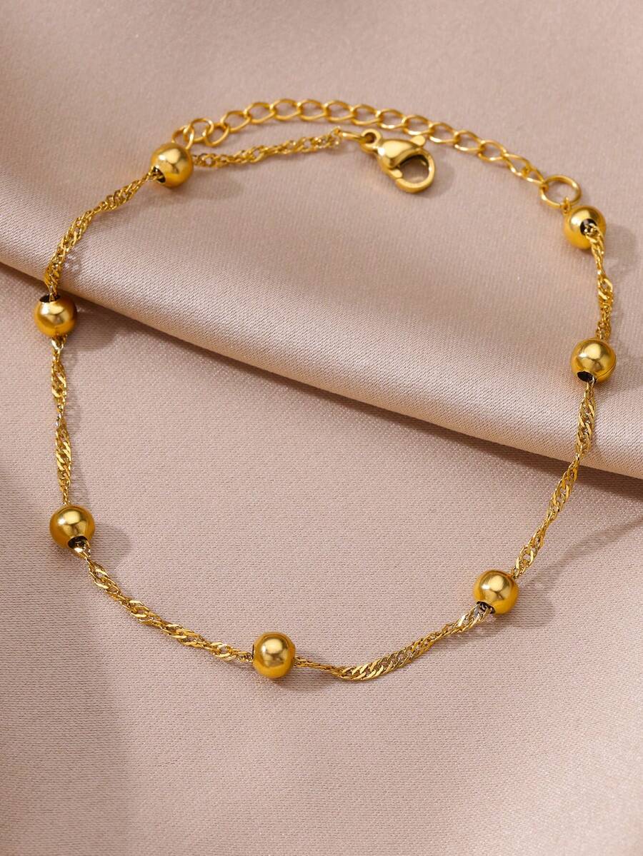 1 件欧美简约奢华金色不锈钢圆珠链脚链适合日常佩戴 - 金黃色 - 查看 1
