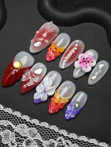 10 件杏仁形 3D 立体装饰水晶雕花搭配 3D 贝壳纹理手工美甲，让您的指甲永远美丽。这款田园风格经典法式渐变粉蓝黄闪亮水钻装饰欧式全覆盖亚克力假指甲套装，适合女士和女孩美容手工指甲，配有 1 件果冻凝胶和 1 件指甲锉 - 彩色 - 查看 4