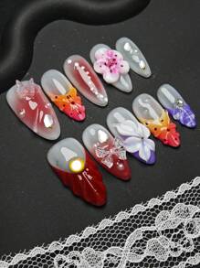 10 件杏仁形 3D 立体装饰水晶雕花搭配 3D 贝壳纹理手工美甲，让您的指甲永远美丽。这款田园风格经典法式渐变粉蓝黄闪亮水钻装饰欧式全覆盖亚克力假指甲套装，适合女士和女孩美容手工指甲，配有 1 件果冻凝胶和 1 件指甲锉 - 彩色 - 查看 2