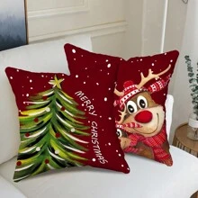 4 sztuki poszewek na poduszki dekoracyjne świąteczne, poszewki na poduszki z motywem renifera i choinki, tkanina satynowa bez wypełniacza - Burgund - Zobacz 4