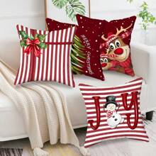 4 sztuki poszewek na poduszki dekoracyjne świąteczne, poszewki na poduszki z motywem renifera i choinki, tkanina satynowa bez wypełniacza - Burgund - Zobacz 9