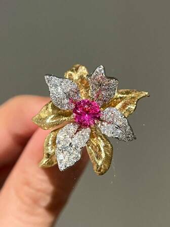 1pc Luxury Goddess Elegant Red Corundum Flower Ring Inlaid With Diamonds, Vintage Exquisite Petal Unique Luxurious Ring, Suitable For Women's Daily, Festival, Party Wear, Girlfriend Gift