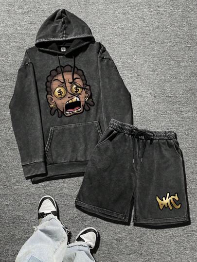 2pcs Men Funny Graphic Print Washed Hoodie & Shorts Set, Fall Clothes, Cozy Outfits