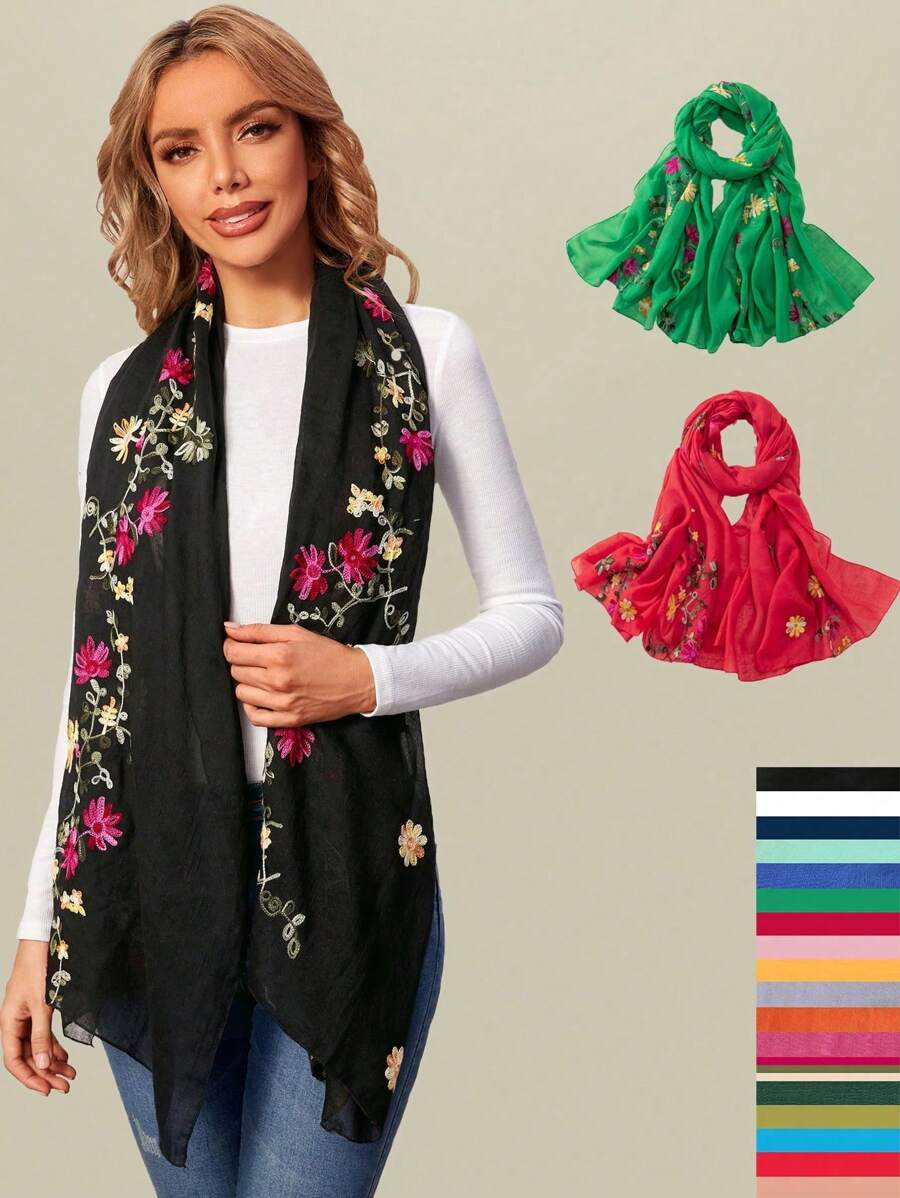 1pc Women's Embroidered Tree Branch Floral Soft & Lightweight Linen Shawl, Versatile Bohemian Style Scarf For Traveling & Vacation - Multicolor - View 1