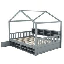 Full Size Wooden House Bed With Shelves And A Mini-Cabinet, Gray - 灰色+實木+臥室+床架+箱簧無需+松木+實木如圖 - 查看 5