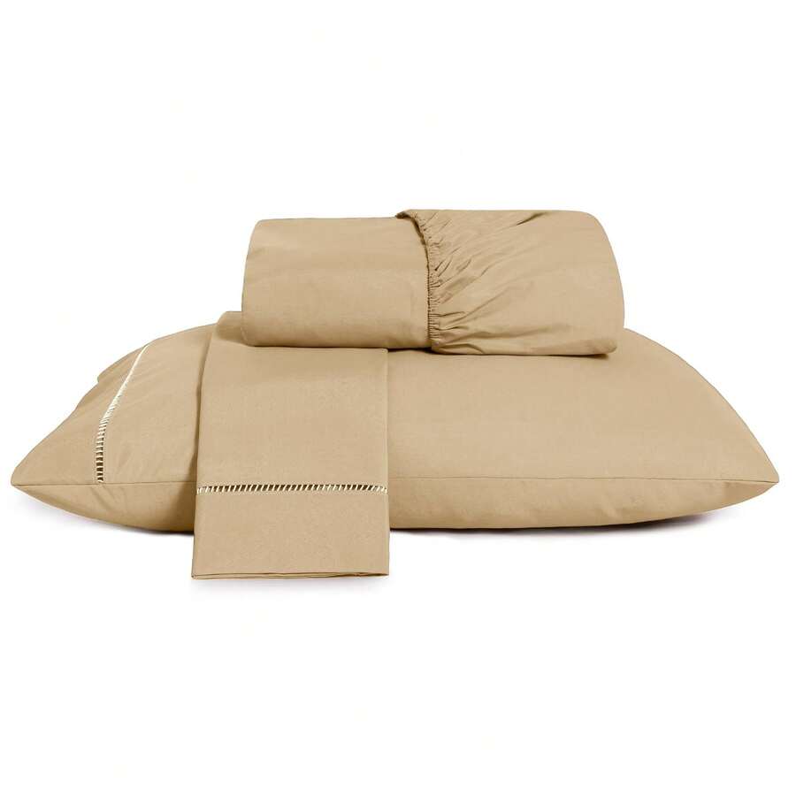 3-Piece Sheet Set 400 Thread Count Queen Size Bed Micropercal Ponto Palito Hotel Soft Touch - Straw - View 1