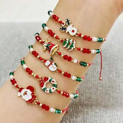 6 件串珠手链圣诞老人、麋鹿、铃铛、树、图案水晶串珠编织手链套装女士饰品装饰或送礼，规格上写着一种尺寸是一套 6 件，规格上写着 1 件是一条 回到学校 情人节