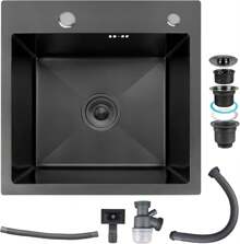 BriSunshine Küchenspüle Schwarz 45 x 45 cm Spüle mit Ablaufkomponenten, Einbau-Küchenspüle Schwarz aus Edelstahl, 1 Becken mit 2 Löchern für Armatur und Seifenspender