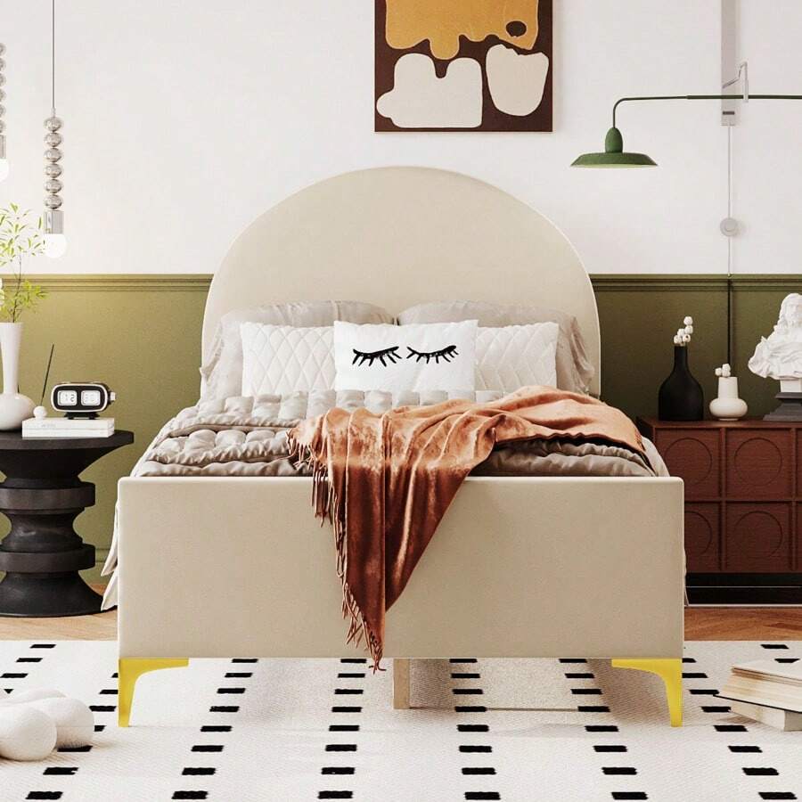 Twin Size Upholstered Platform Bed With Classic SemiCircle Shaped