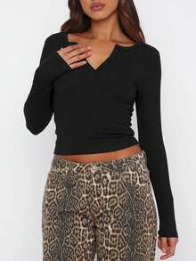 Women Solid Color Button Collar Fitted Long Sleeve Short Fitted Blouse, Versatile Underpiece - Black - View 2