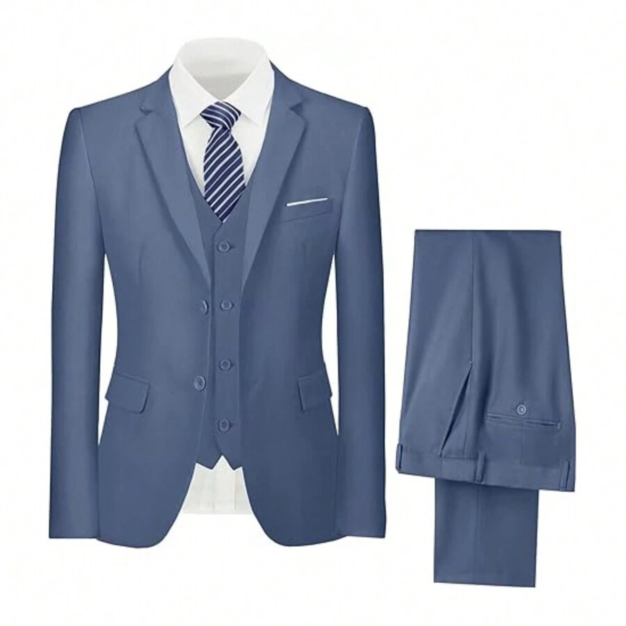 Men's Suits 3 Piece Suit Set Business Wedding Party Formal Slim Tuxedo Jacket Coat Blazer Vest Pants Suit  Denim Blue Size XS-XXXL - Denim Blue - View 1