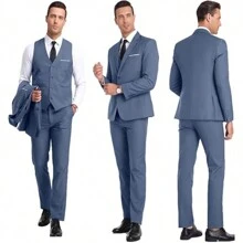 Men's Suits 3 Piece Suit Set Business Wedding Party Formal Slim Tuxedo Jacket Coat Blazer Vest Pants Suit  Denim Blue Size XS-XXXL - Denim Blue - View 2