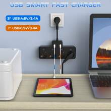 HITRENDS 1 件 8 合 1 欧盟多插头电源适配器，快速充电电源板，带 4 个 AC 插座、4 个 USB（3 个 USB-A、1 个 USB-C）端口、带 LED 指示灯的独立开关和 5 厘米延长线壁式插座，黑色白色 3840W 250V 16A，适用于家庭旅行办公室 - 查看 4