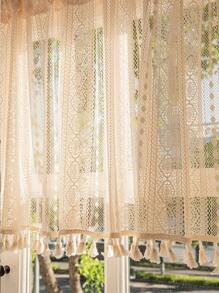 LOSPRING 1 件波西米亚风格米色钩针蕾丝流苏窗帘布 - 优雅透明镂空窗帘，适用于厨房、卧室和办公室 - 农舍家居装饰，轻柔手洗，具有戏剧性灯光效果的窗帘