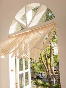 LOSPRING 1 件波西米亚风格米色钩针蕾丝流苏窗帘布 - 优雅透明镂空窗帘，适用于厨房、卧室和办公室 - 农舍家居装饰，轻柔手洗，具有戏剧性灯光效果的窗帘