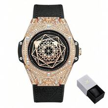 ONOLA 品牌 Iced Out 奢华钻石手表男士皮革防水石英手表礼物 - 黑色 - 查看 5