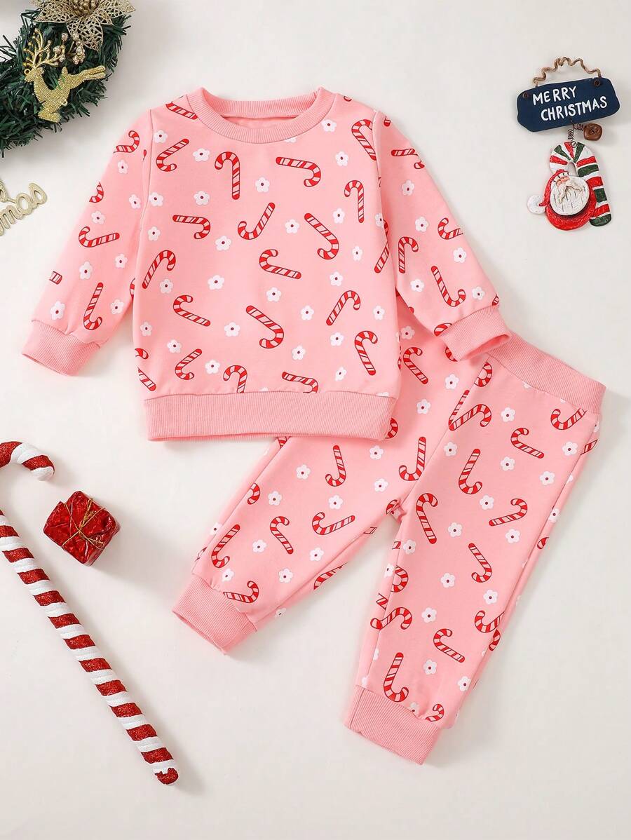 Baby Mädchen Weihnachten Zuckerstangen Muster rosa Lässig 2-Teile Set, Weihnachtsserie, geeignet für Weihnachten drinnen und Outdoor