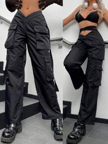 Street Vibes Tape Flap Pocket Side Cargo Parachute Trousers - Black - View 3