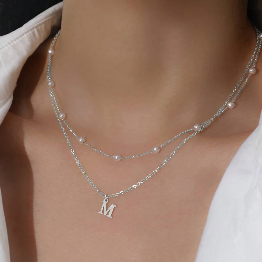 1 chiếc dây chuyền mặt chữ bằng thép không gỉ kiểu cổ điển mới, dây nhiều lớp mạ vàng, dành cho nữ. - Bạc - Xem 1