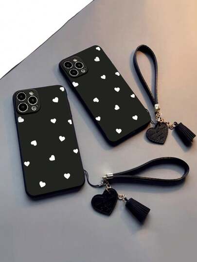 1pc Perforated Love Shape Painted Thick Shockproof Phone Case With New Leather Heart Wrist Strap DIY Tassel Pendant Bracelet Compatible With IPhone 15 Pro Max, IPhone 16 Pro Max, IPhone 14, IPhone 13, IPhone 12, IPhone 11, IPhone XS, IPhone XR, IPhone 8/7/SE, Samsung Galaxy A50, A12, A32, A52, A72, A51, A21S, A13, A14, S22 Ultra, S23, A33, A53, S20 FE, Redmi 11 Lite, 12 Pro, 12/12X, Note 11, 9A, 9C, X3 NFC, Redmi 10, Redmi 9, Note 9, 12C, Note 11 Pro, Redmi 10C, Note 8 Pro Phone Cases