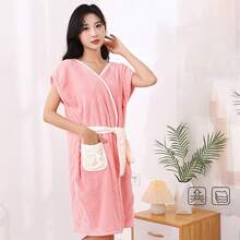 1pc Absorbent Soft Coral Velvet Bath Towel Pineapple Plaid Strap Casual Bath Skirt Home Bathing Women's Bathrobe - Multicolor - View 7