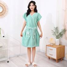 1pc Absorbent Soft Coral Velvet Bath Towel Pineapple Plaid Strap Casual Bath Skirt Home Bathing Women's Bathrobe - Multicolor - View 8