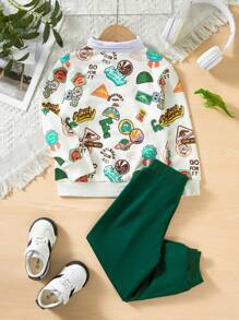 2 Piezas Traje de niño de manga larga con estampado de dinosaurios, pantalón con cordón de color sólido, falso diseño de dos piezas, traje de manga larga de moda y casual, adecuado para niños de 18 meses a 6 años para vestir en primavera y otoño