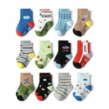 12pcs Boys Robot Pattern Mid-Calf Socks, Regular Thickness, All Seasons (0-7 Years), Anti-Slip Dots