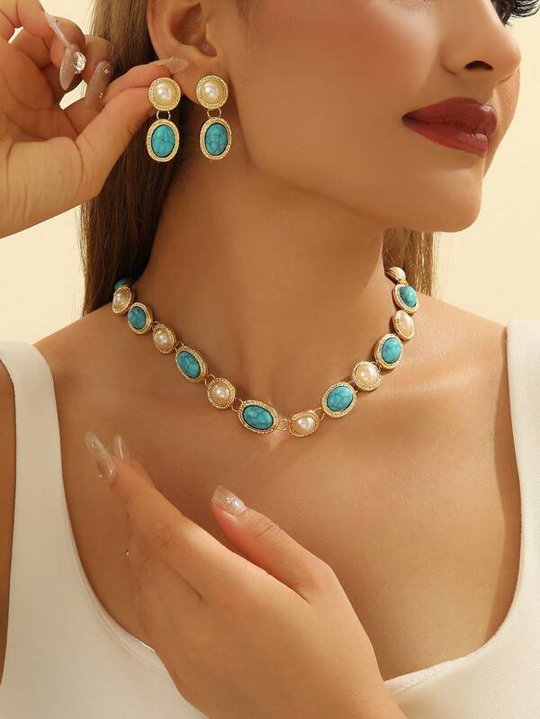 3pcs/Set Vintage Turquoise Necklace And Earring Jewelry Set For Women, Party Dress Accessories Gift
