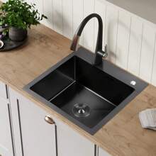 BriSunshine Küchenspüle Schwarz 45 x 45 cm Spüle mit Ablaufkomponenten, Einbau-Küchenspüle Schwarz aus Edelstahl, 1 Becken mit 2 Löchern für Armatur und Seifenspender