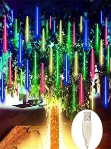 1pc 192 LED Meteor Shower Rain String Lights - Drop Icicle Snow Falling Raindrop Cascading Lights For Garden Wedding Party New Year Festivals, Valentine's Day Decorations, Solar Outdoor String Lights