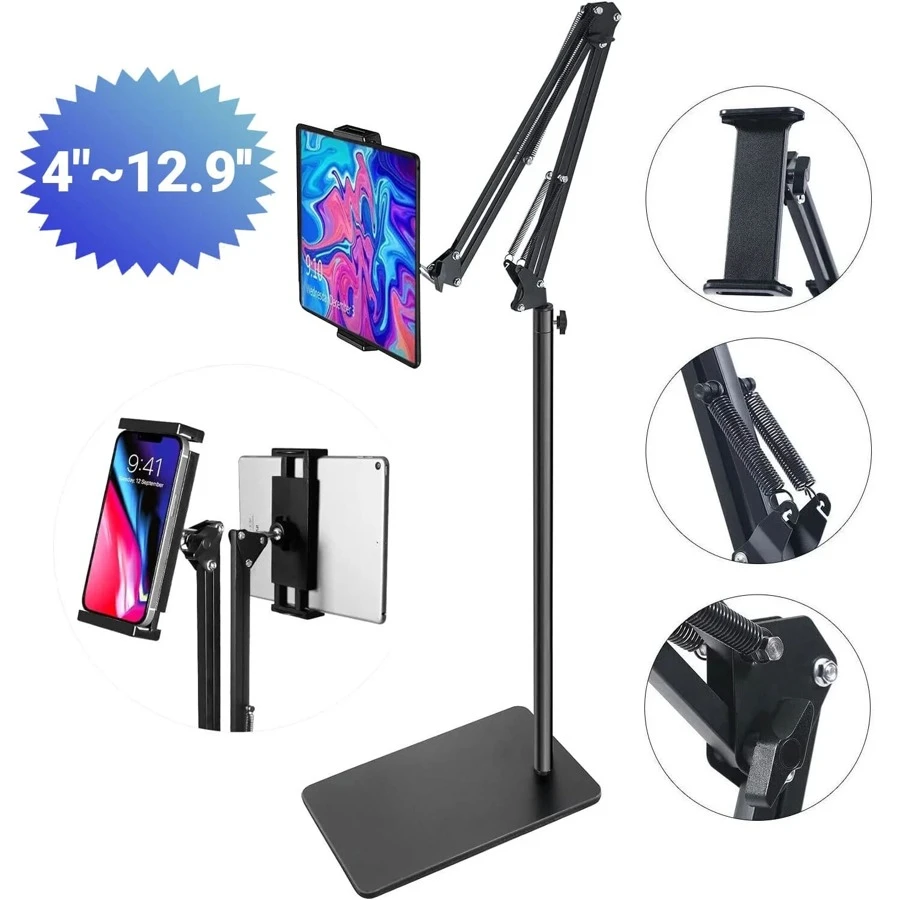 Tablet Floor Stand, 69" Height Adjustable 360-Degree Rotatable Tablet Holder, Arm Stretchable Stand, Overhead Bed Phone Mount(4"~12.9'') - 黑色 - 查看 1